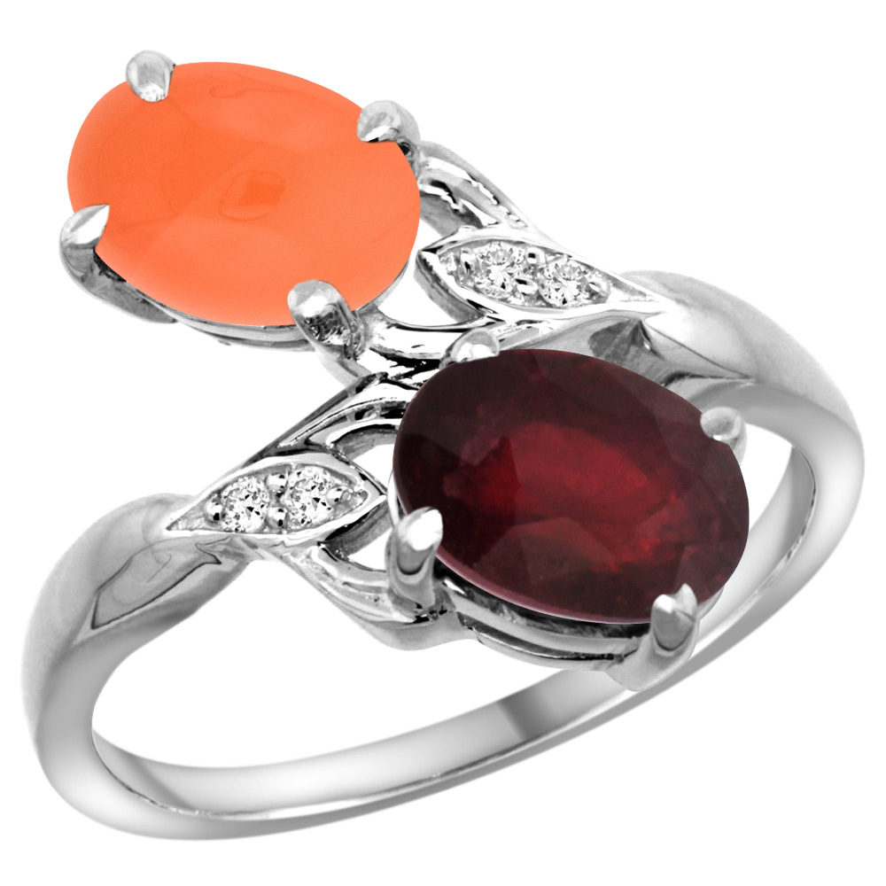 14K WHITE GOLD DIAMOND ENHANCED GENUINE RUBY & NATURAL ORANGE MOONSTONE 2-STONE RING OVAL 8X6MM, SIZES 5 - 10