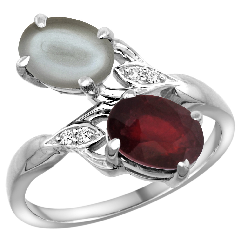 10K White Gold Diamond Enhanced Genuine Ruby & Natural Gray Moonstone 2-stone Ring Oval 8x6mm, sizes 5 - 10