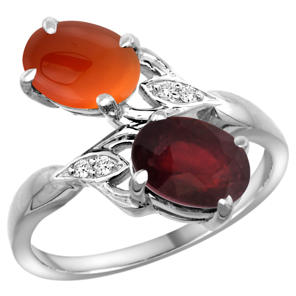 14k White Gold Diamond Enhanced Genuine Ruby & Natural Brown Agate 2-stone Ring Oval 8x6mm, sizes 5 - 10