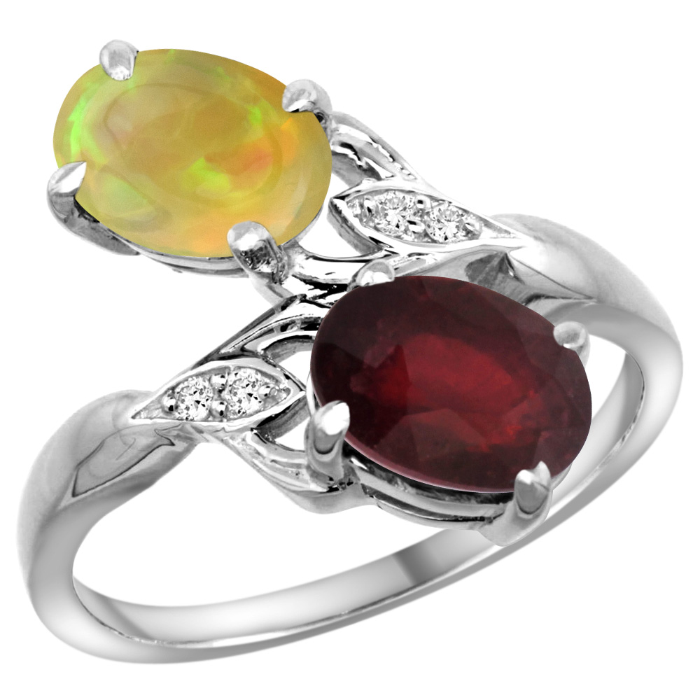 14k White Gold Diamond Enhanced Genuine Ruby &amp; Natural Ethiopian Opal 2-stone Ring Oval 8x6mm, size 5-10