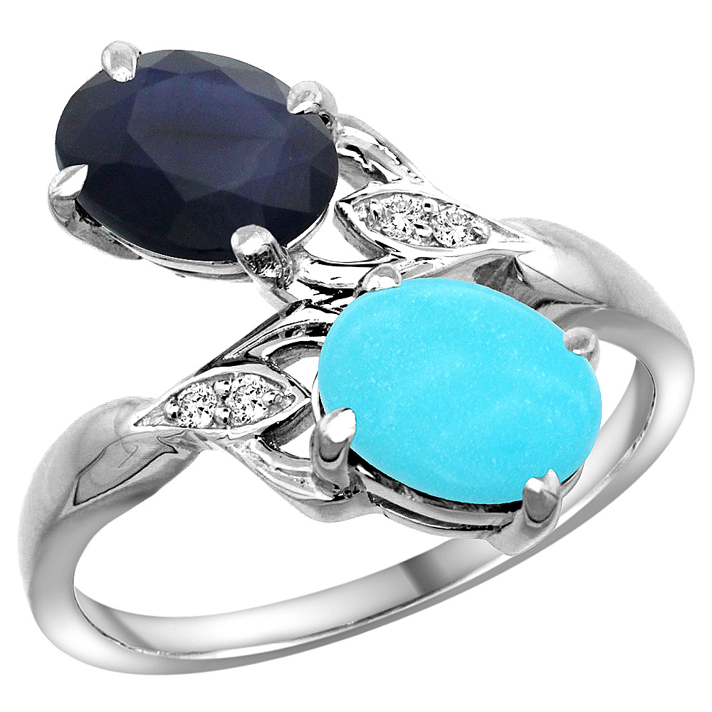 14k White Gold Diamond Natural Blue Sapphire &amp; Turquoise 2-stone Ring Oval 8x6mm, sizes 5 - 10