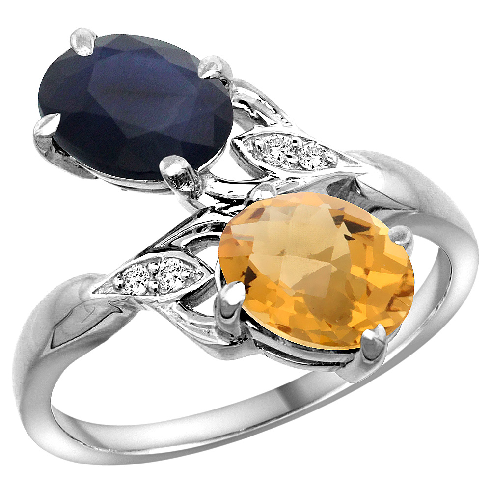 14k White Gold Diamond Natural Blue Sapphire & Whisky Quartz 2-stone Ring Oval 8x6mm, sizes 5 - 10
