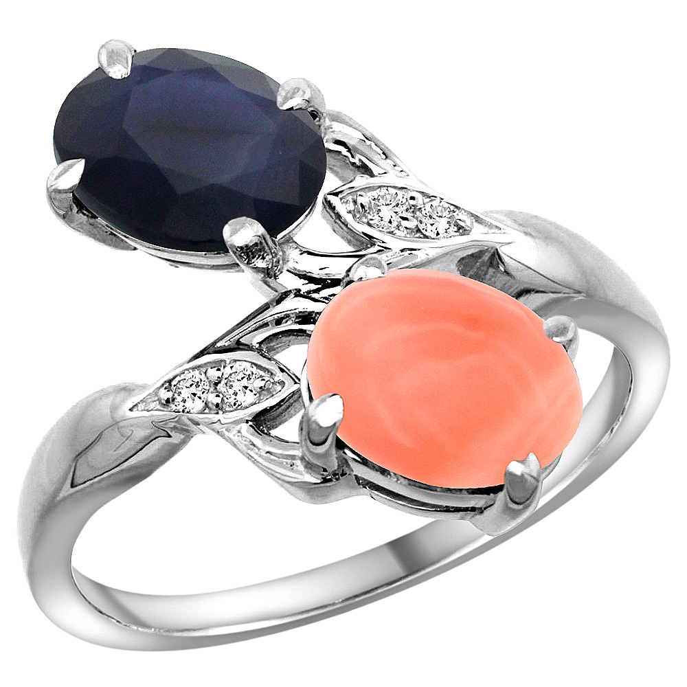 10K White Gold Diamond Natural Blue Sapphire &amp; Coral 2-stone Ring Oval 8x6mm, sizes 5 - 10