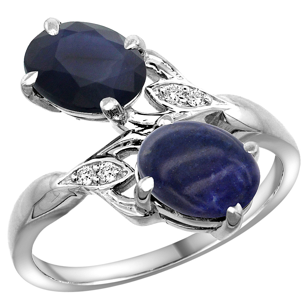 14K WHITE GOLD DIAMOND NATURAL BLUE SAPPHIRE & LAPIS 2-STONE RING OVAL 8X6MM, SIZES 5 - 10
