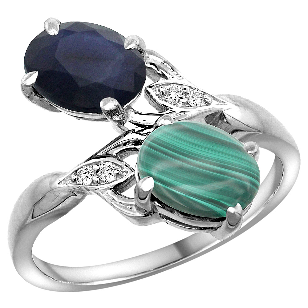 14K WHITE GOLD DIAMOND NATURAL BLUE SAPPHIRE & MALACHITE 2-STONE RING OVAL 8X6MM, SIZES 5 - 10