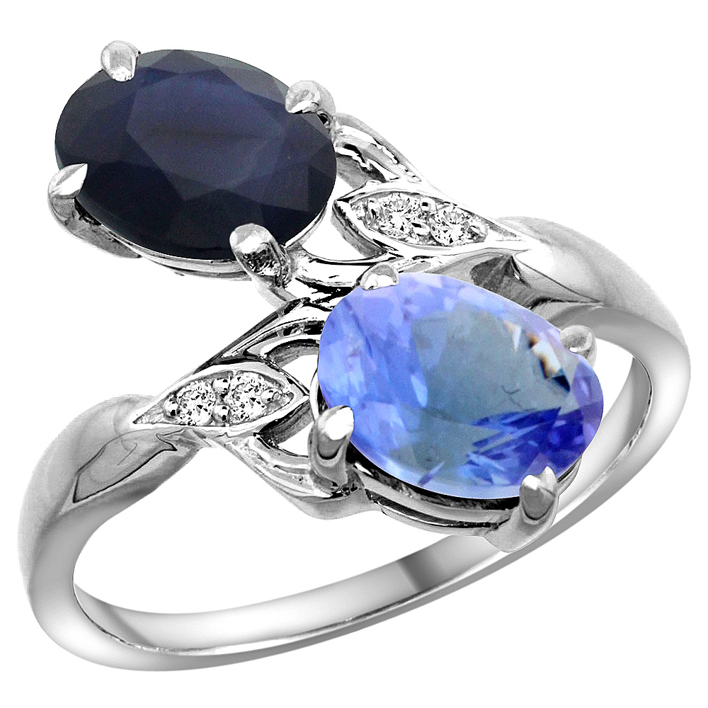 14K WHITE GOLD DIAMOND NATURAL BLUE SAPPHIRE & TANZANITE 2-STONE RING OVAL 8X6MM, SIZES 5 - 10
