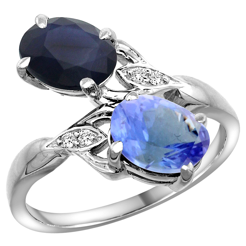 14k White Gold Diamond Natural Blue Sapphire &amp; Tanzanite 2-stone Ring Oval 8x6mm, sizes 5 - 10