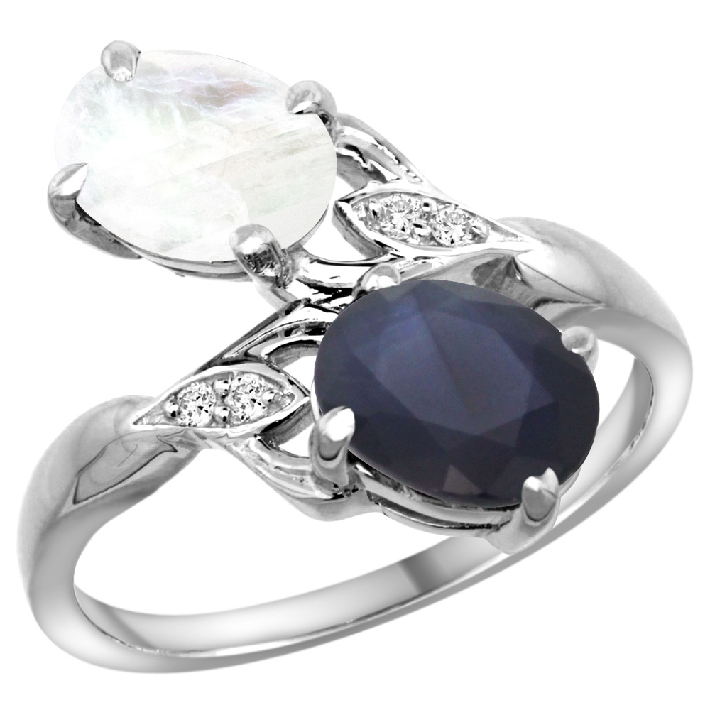 10K White Gold Diamond Natural Blue Sapphire &amp; Rainbow Moonstone 2-stone Ring Oval 8x6mm, sizes 5 - 10