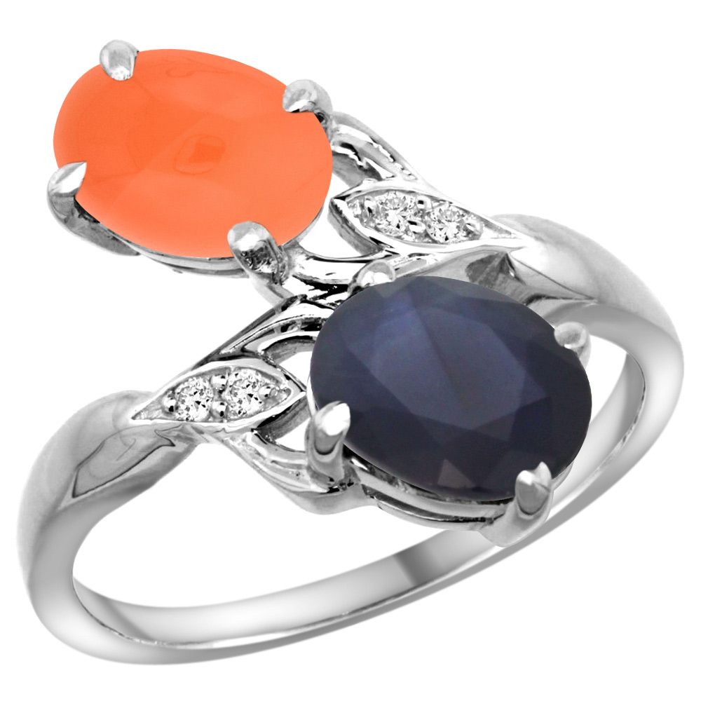 14k White Gold Diamond Natural Blue Sapphire &amp; Orange Moonstone 2-stone Ring Oval 8x6mm, sizes 5 - 10