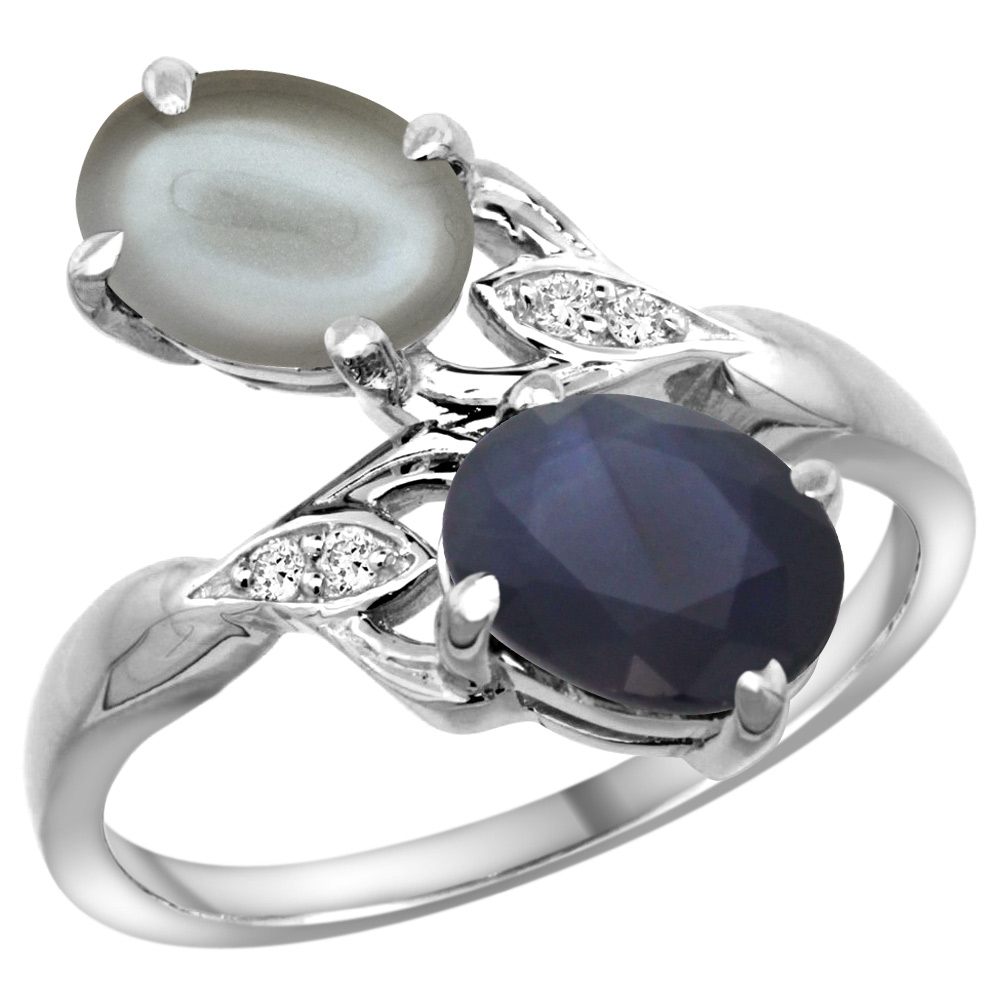 14k White Gold Diamond Natural Blue Sapphire & Gray Moonstone 2-stone Ring Oval 8x6mm, sizes 5 - 10