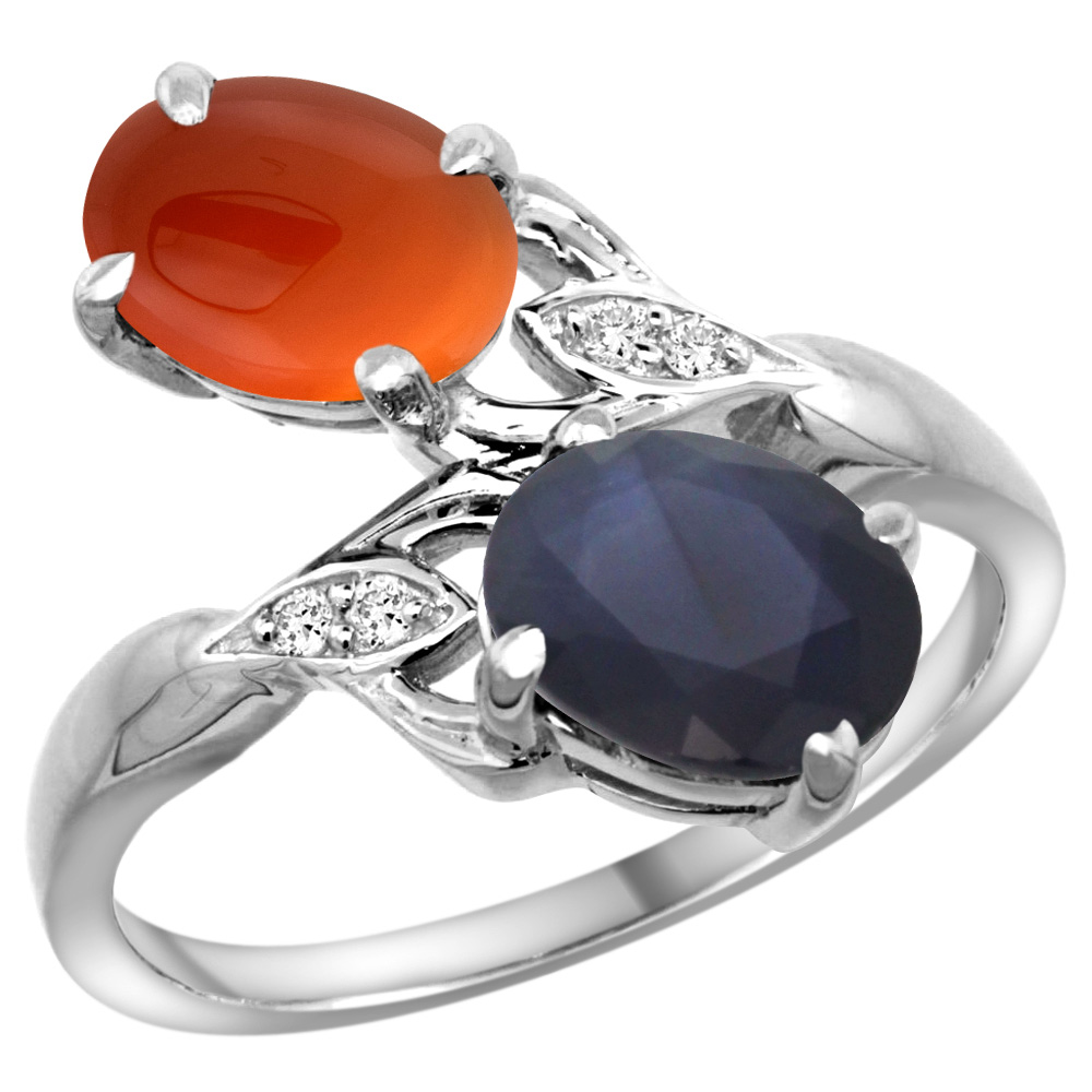 14k White Gold Diamond Natural Blue Sapphire &amp; Brown Agate 2-stone Ring Oval 8x6mm, sizes 5 - 10