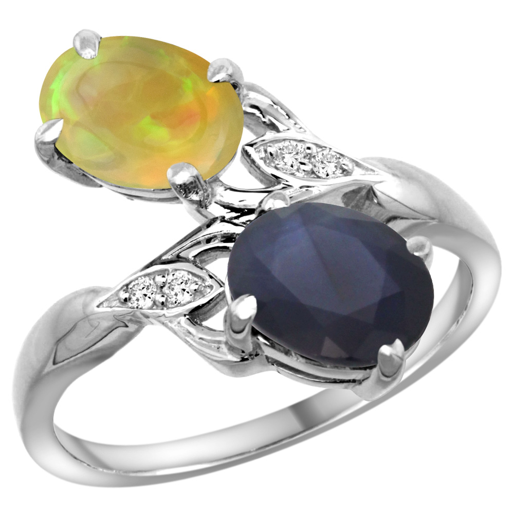 10K White Gold Diamond Natural Blue Sapphire &amp; Ethiopian Opal 2-stone Mothers Ring Oval 8x6mm, size 5-10