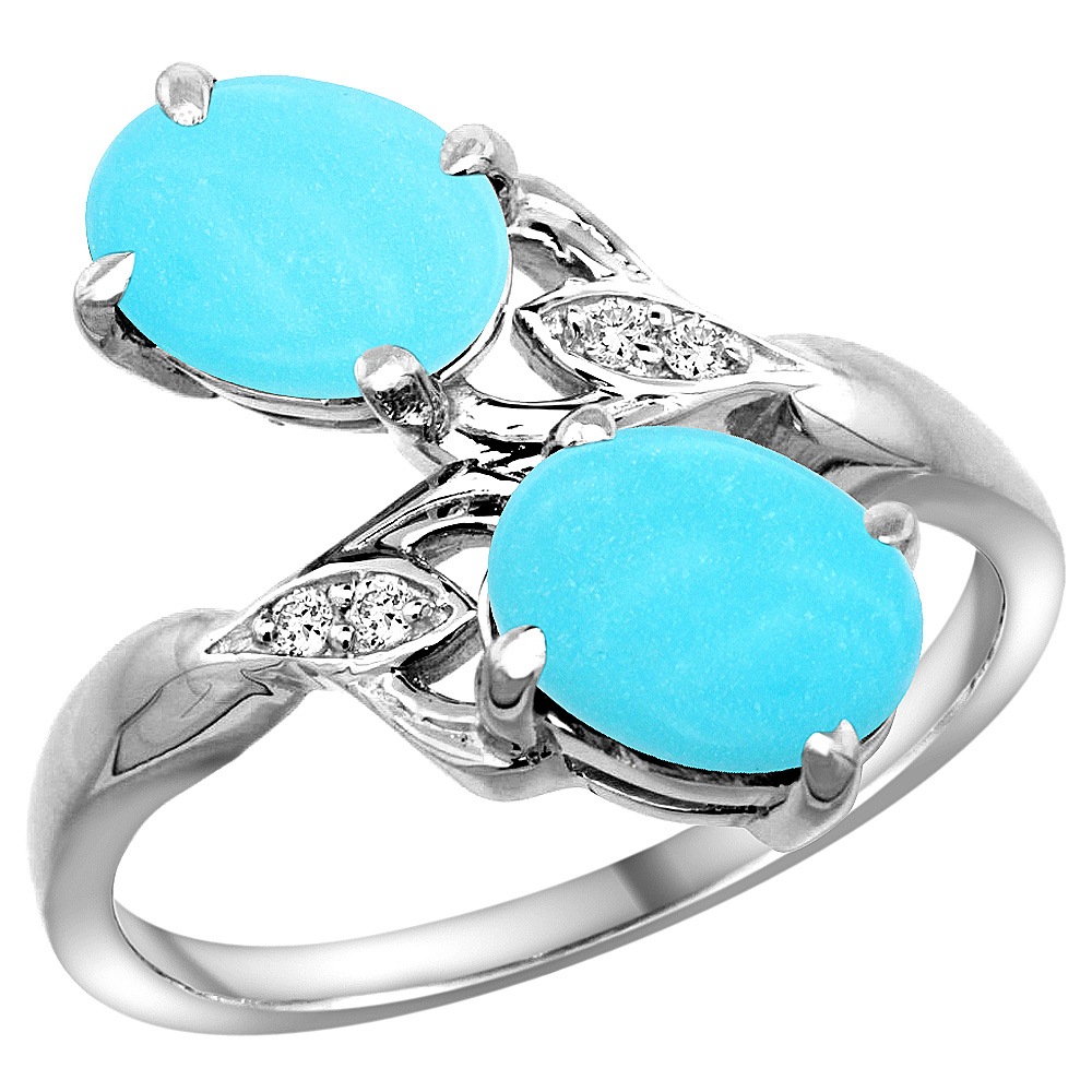 14k White Gold Diamond Natural Turquoise 2-stone Ring Oval 8x6mm, sizes 5 - 10