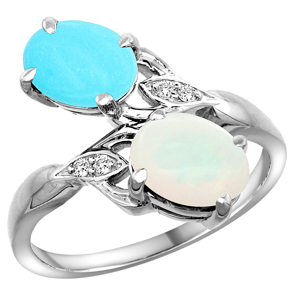 14K WHITE GOLD DIAMOND NATURAL TURQUOISE & OPAL 2-STONE RING OVAL 8X6MM, SIZES 5 - 10