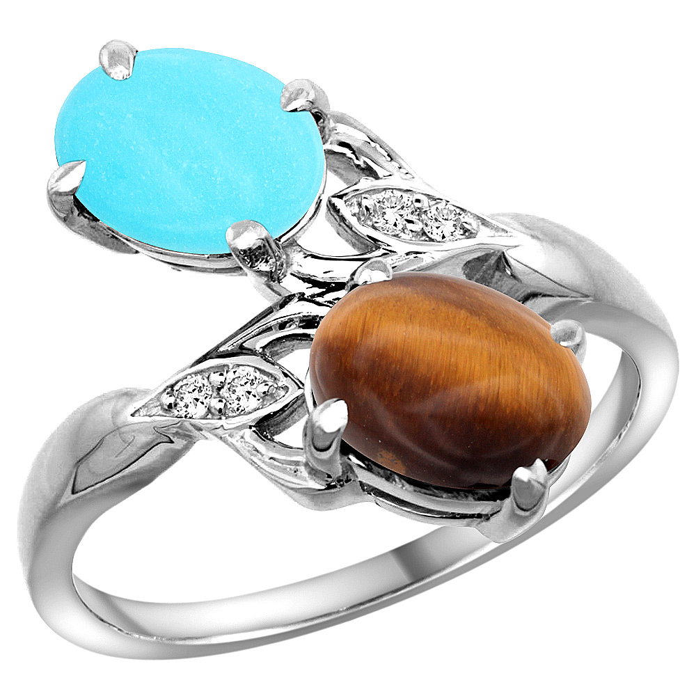 14K WHITE GOLD DIAMOND NATURAL TURQUOISE & TIGER EYE 2-STONE RING OVAL 8X6MM, SIZES 5 - 10