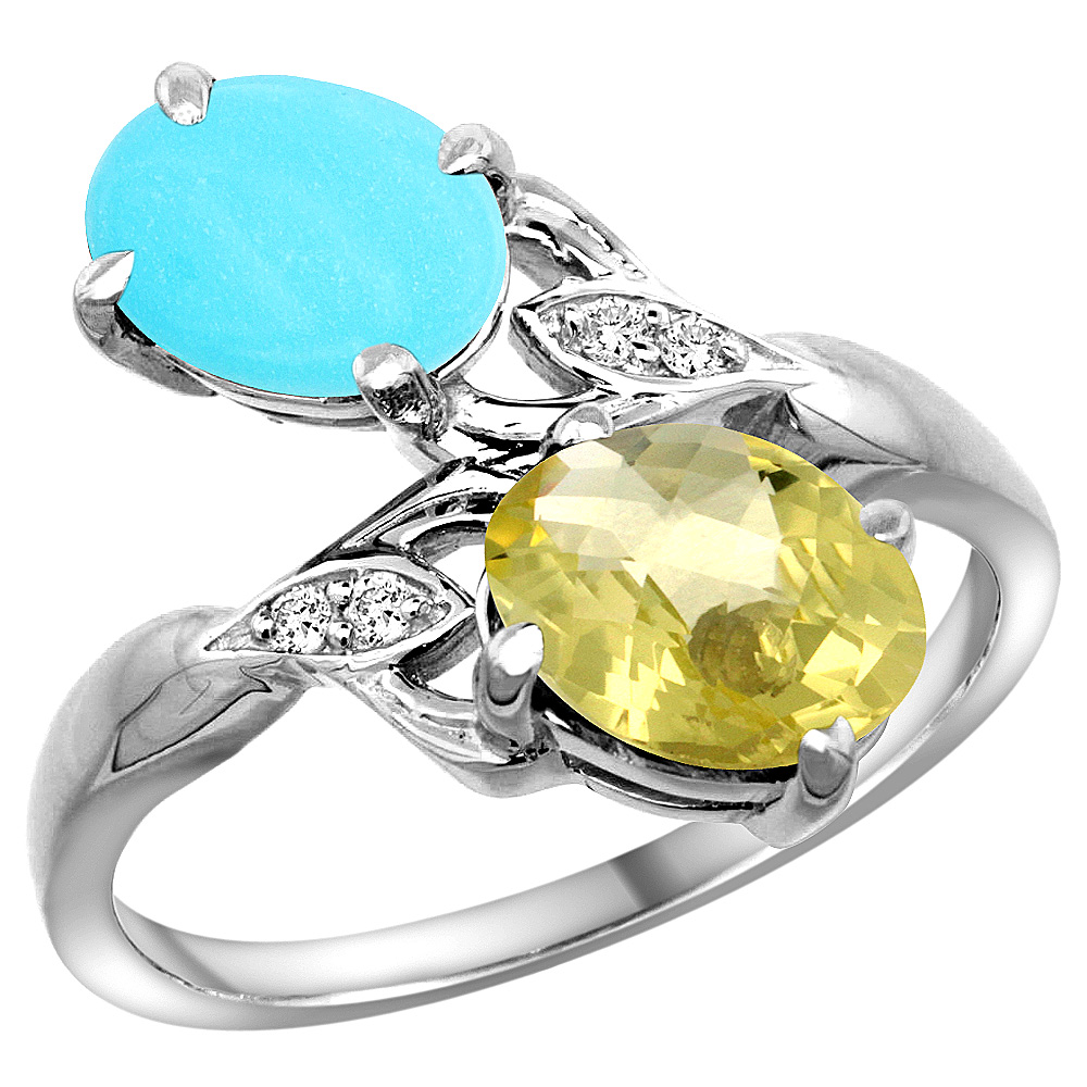 14K WHITE GOLD DIAMOND NATURAL TURQUOISE & LEMON QUARTZ 2-STONE RING OVAL 8X6MM, SIZES 5 - 10