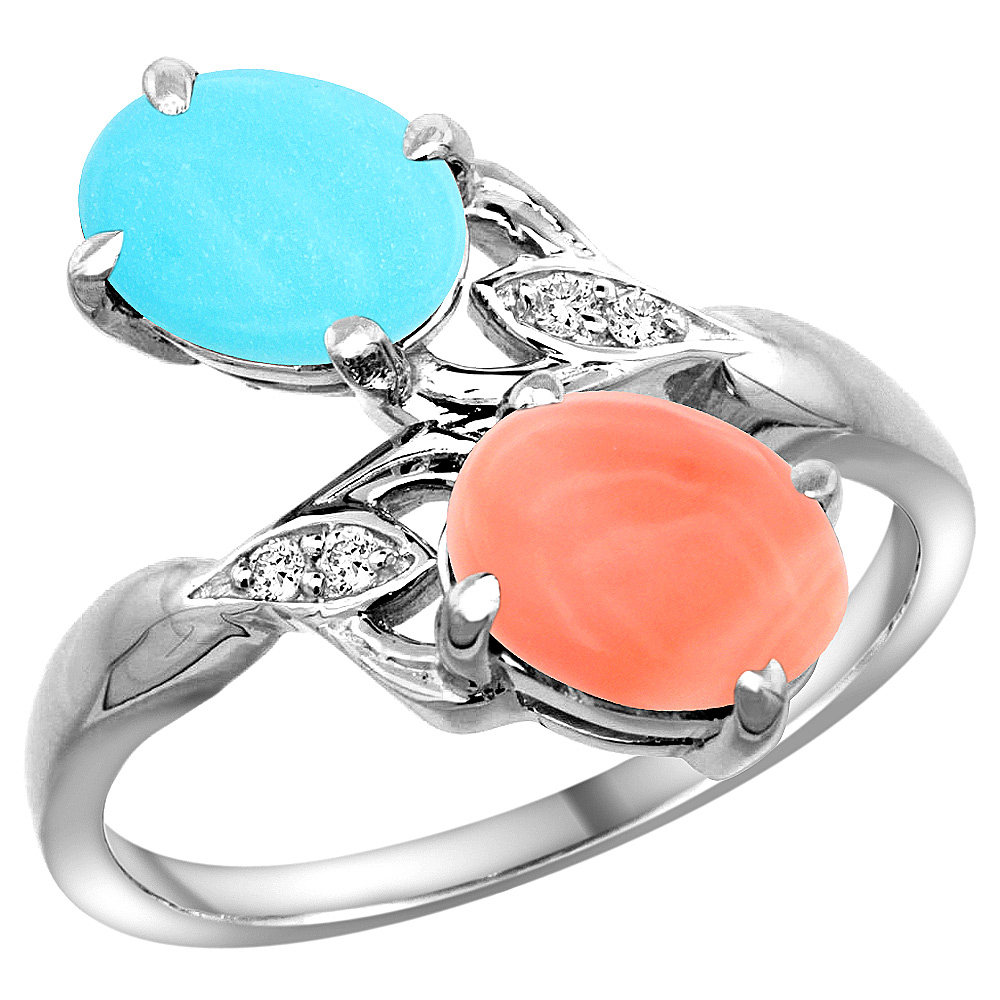14k White Gold Diamond Natural Turquoise &amp; Coral 2-stone Ring Oval 8x6mm, sizes 5 - 10