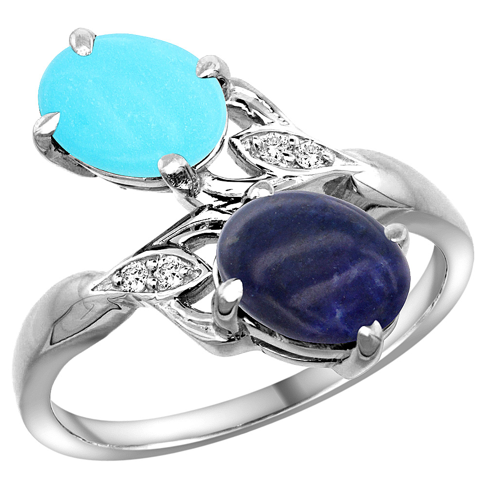 14K WHITE GOLD DIAMOND NATURAL TURQUOISE & LAPIS 2-STONE RING OVAL 8X6MM, SIZES 5 - 10