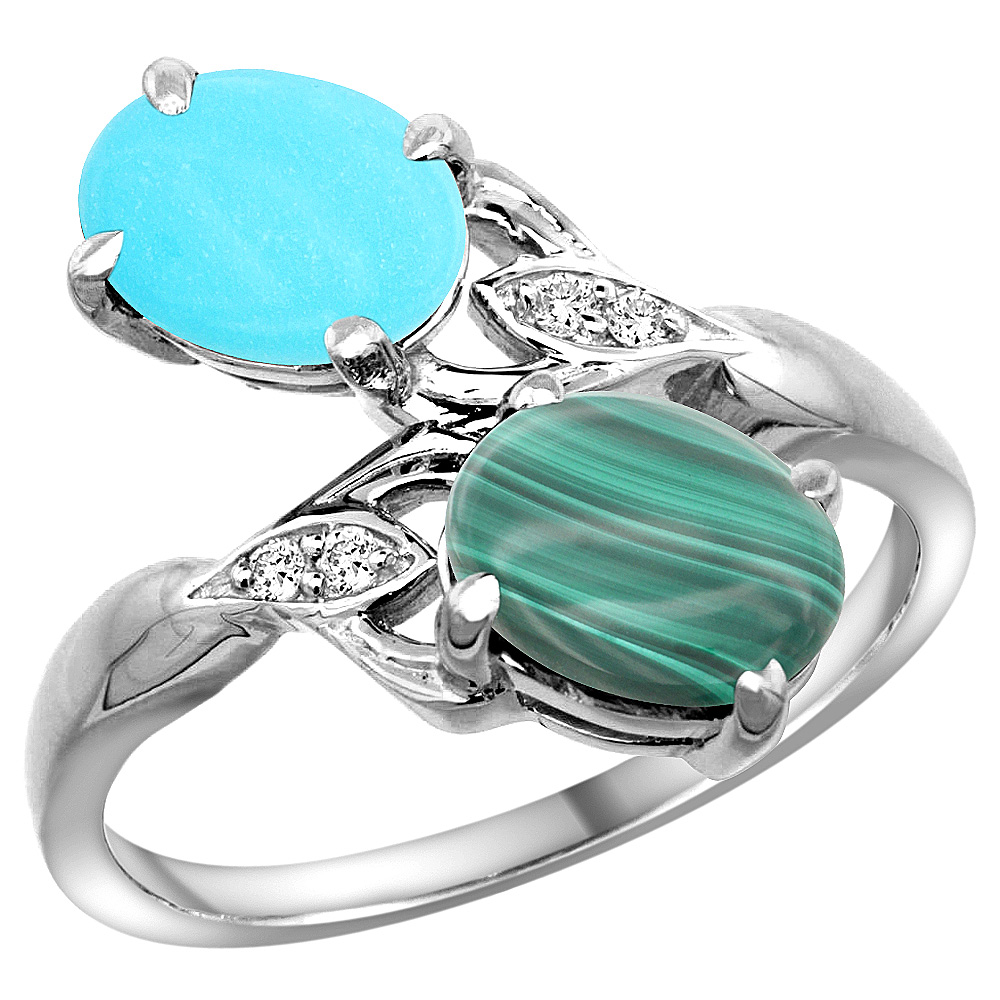 14K WHITE GOLD DIAMOND NATURAL TURQUOISE & MALACHITE 2-STONE RING OVAL 8X6MM, SIZES 5 - 10