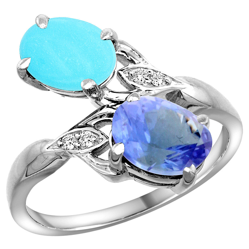 14K WHITE GOLD DIAMOND NATURAL TURQUOISE & TANZANITE 2-STONE RING OVAL 8X6MM, SIZES 5 - 10