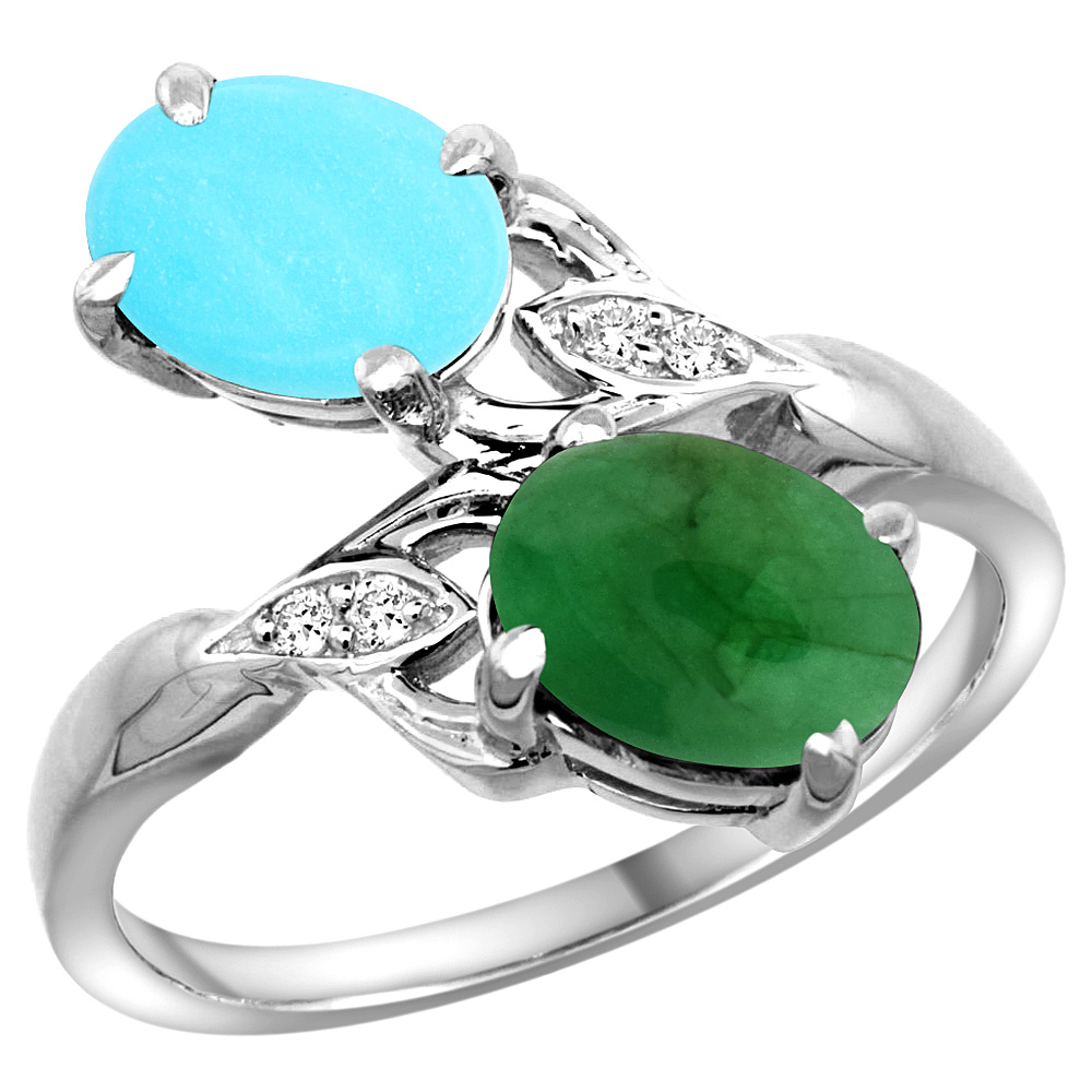 14K WHITE GOLD DIAMOND NATURAL TURQUOISE & CABOCHON EMERALD 2-STONE RING OVAL 8X6MM, SIZES 5 - 10