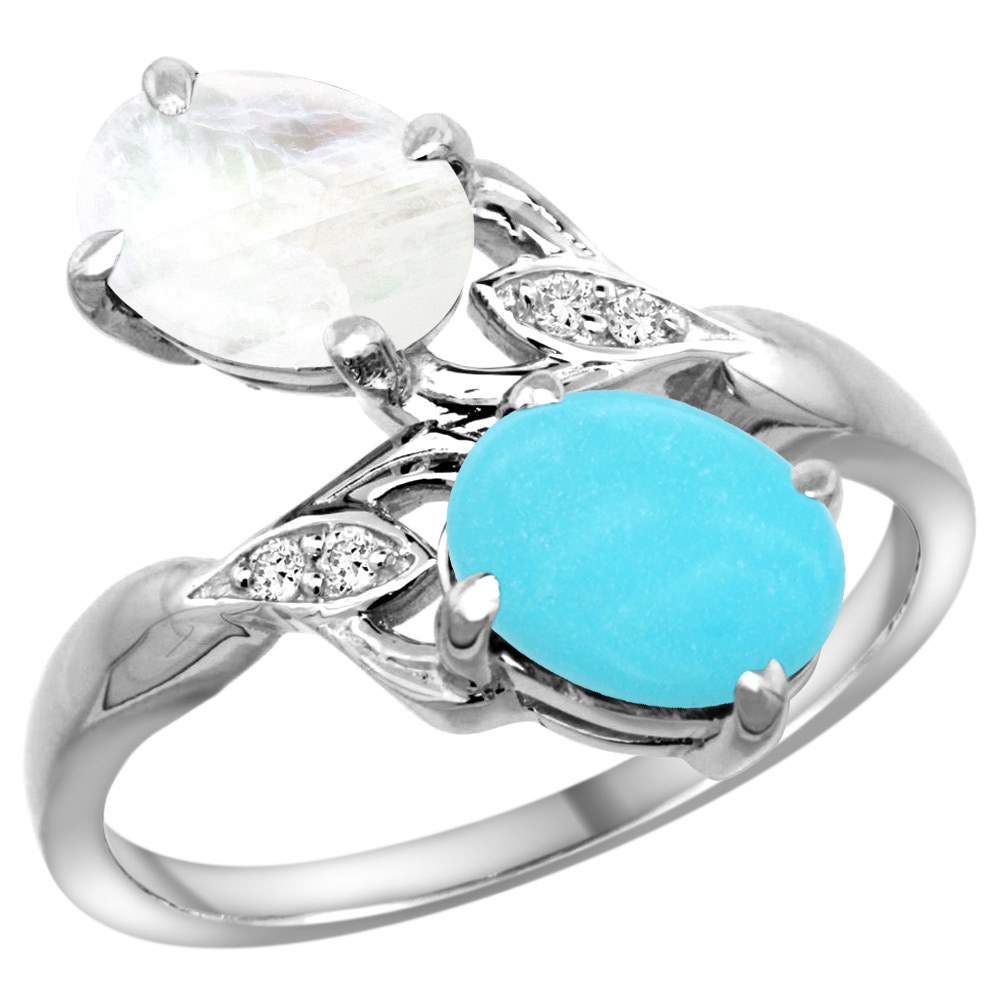 14K WHITE GOLD DIAMOND NATURAL TURQUOISE & RAINBOW MOONSTONE 2-STONE RING OVAL 8X6MM, SIZES 5 - 10