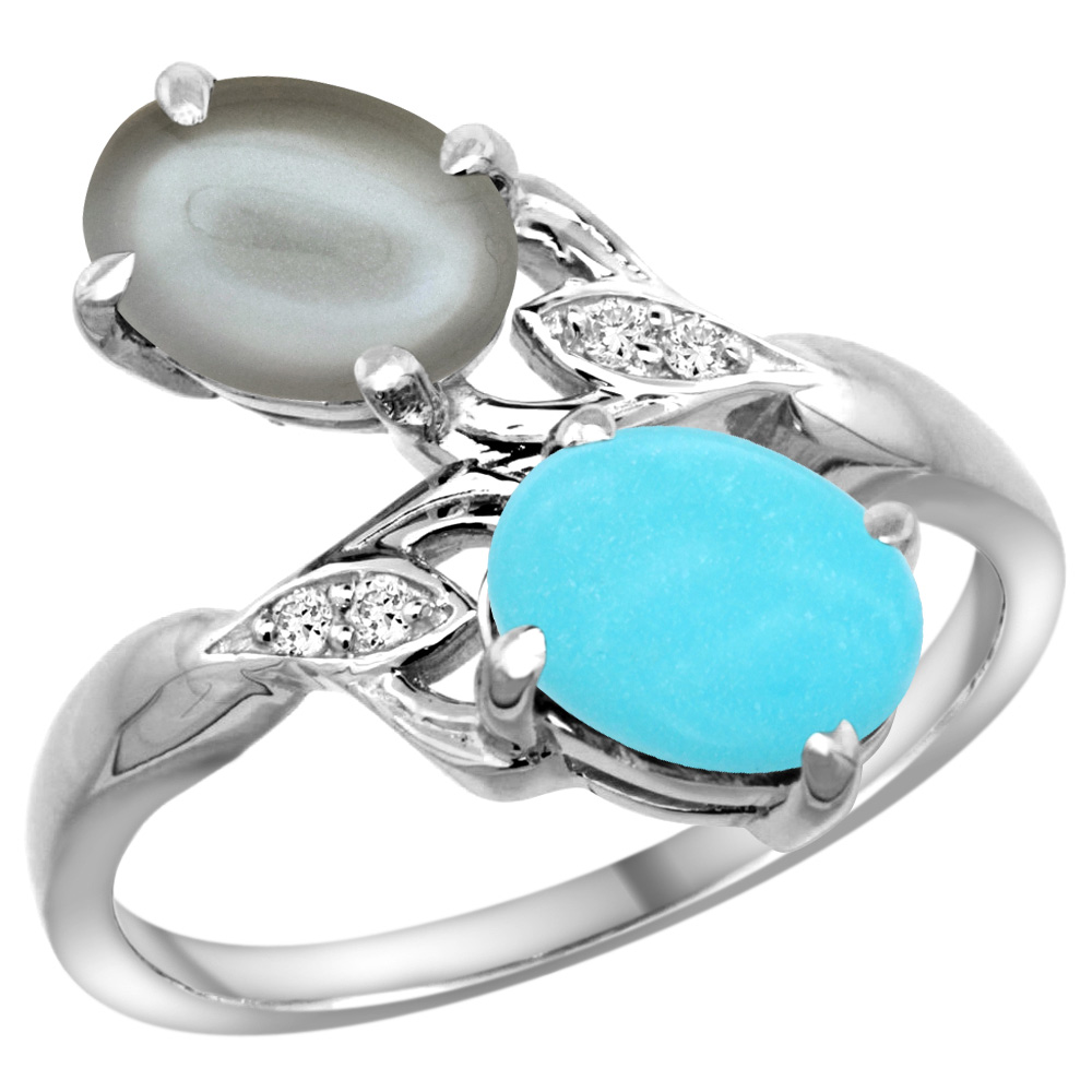 14K WHITE GOLD DIAMOND NATURAL TURQUOISE & GRAY MOONSTONE 2-STONE RING OVAL 8X6MM, SIZES 5 - 10