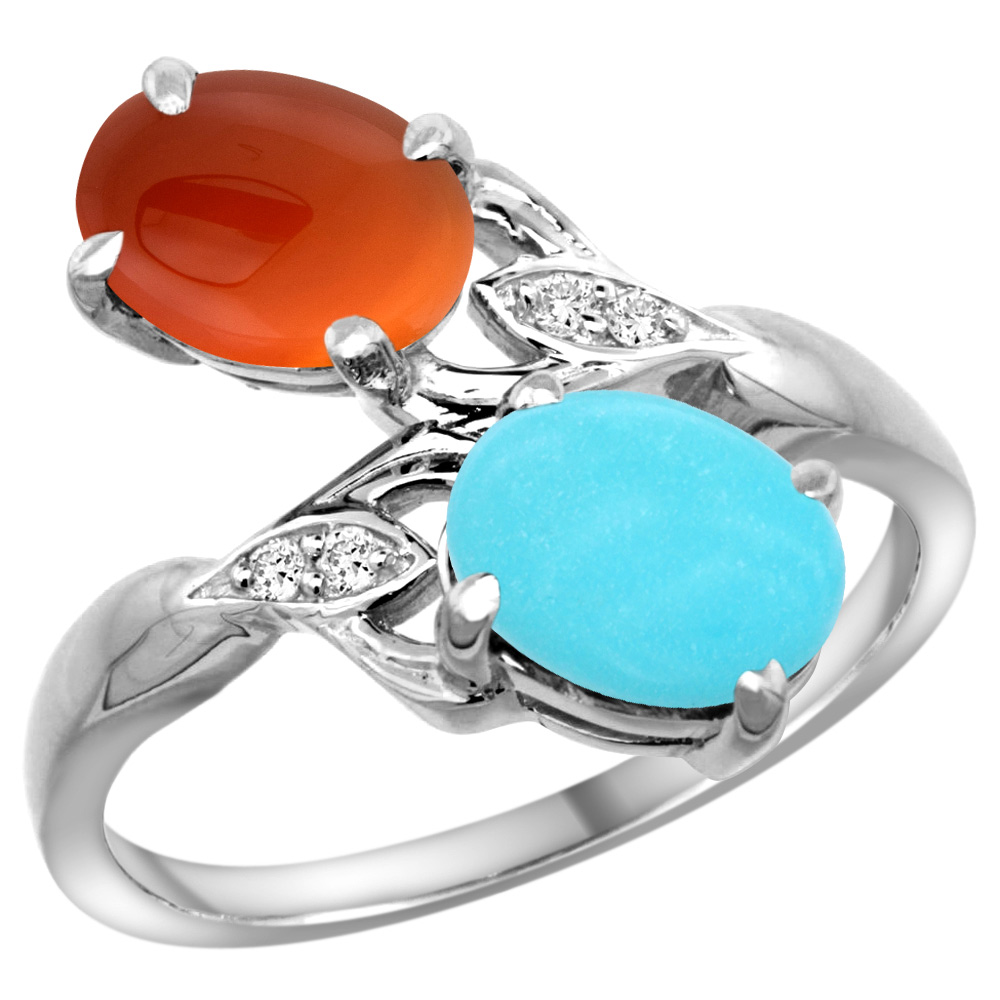 14k White Gold Diamond Natural Turquoise & Brown Agate 2-stone Ring Oval 8x6mm, sizes 5 - 10