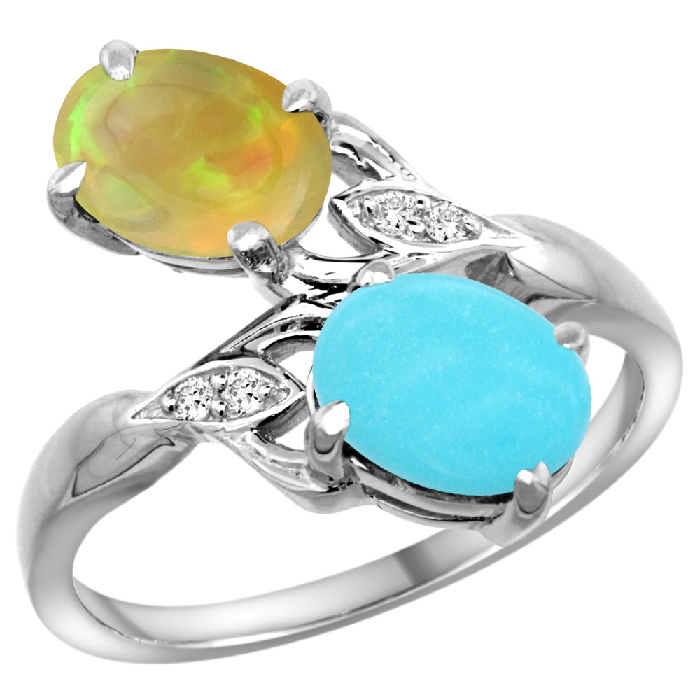 14k White Gold Diamond Natural Turquoise & Ethiopian Opal 2-stone Mothers Ring Oval 8x6mm, size 5 - 10