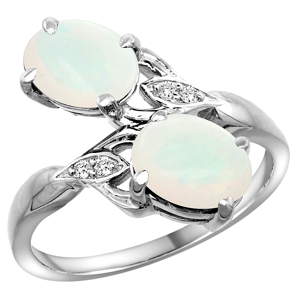14k White Gold Diamond Natural Opal 2-stone Ring Oval 8x6mm, sizes 5 - 10