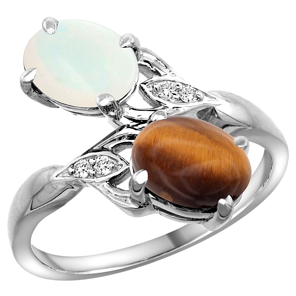 14K WHITE GOLD DIAMOND NATURAL OPAL & TIGER EYE 2-STONE RING OVAL 8X6MM, SIZES 5 - 10