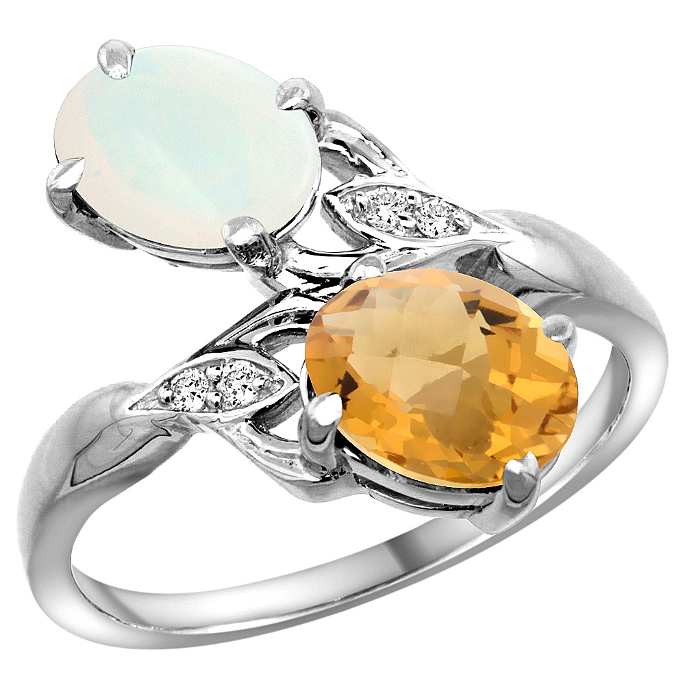 14K WHITE GOLD DIAMOND NATURAL OPAL & WHISKY QUARTZ 2-STONE RING OVAL 8X6MM, SIZES 5 - 10