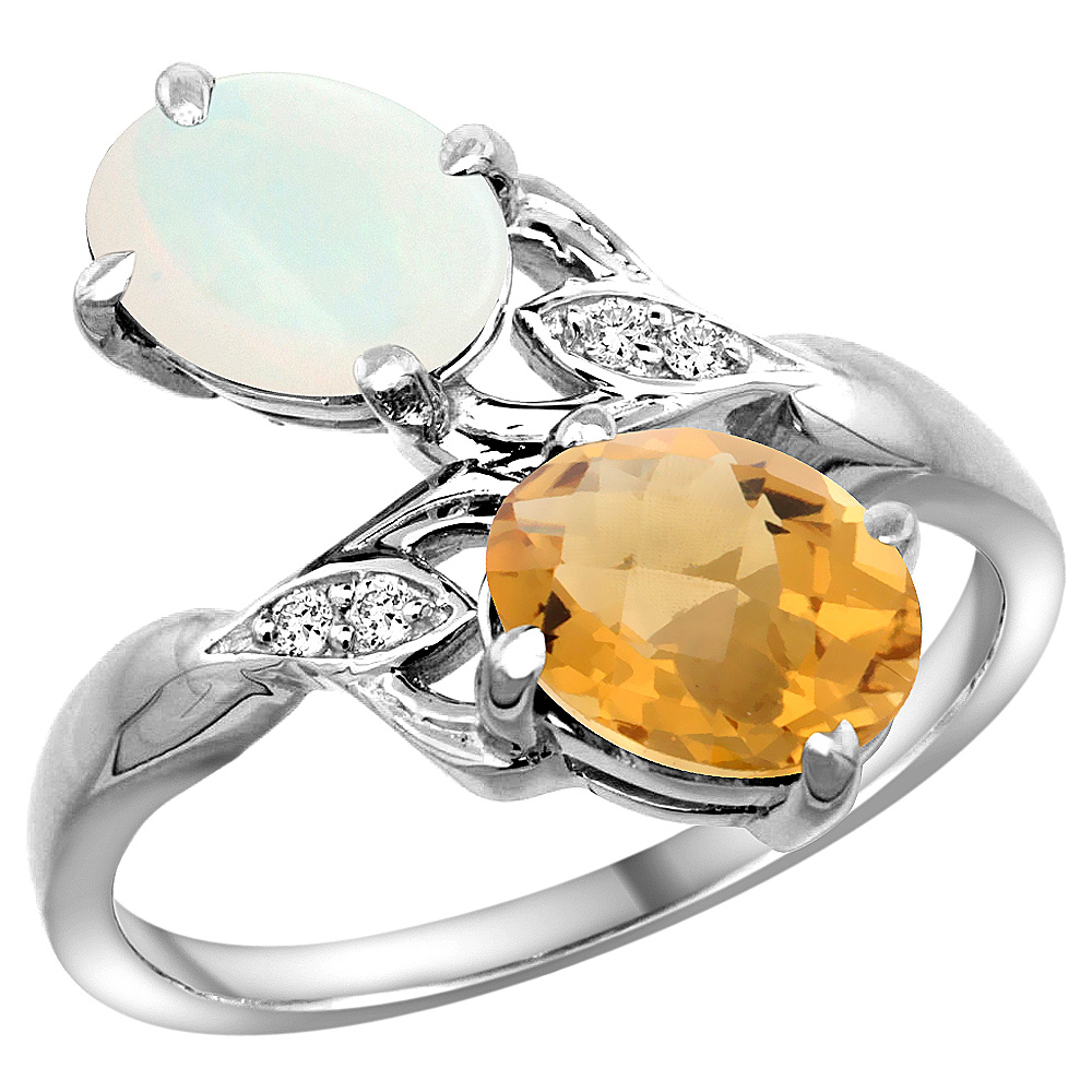 14k White Gold Diamond Natural Opal &amp; Whisky Quartz 2-stone Ring Oval 8x6mm, sizes 5 - 10