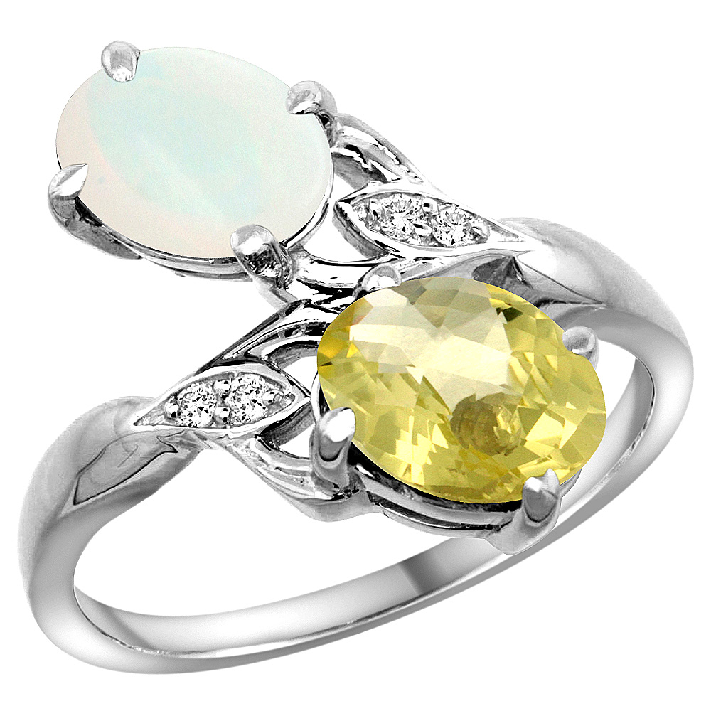14k White Gold Diamond Natural Opal &amp; Lemon Quartz 2-stone Ring Oval 8x6mm, sizes 5 - 10