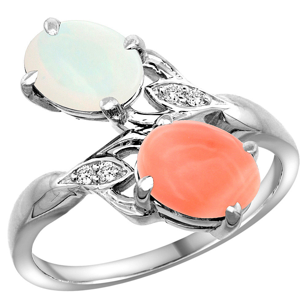 14k White Gold Diamond Natural Opal & Coral 2-stone Ring Oval 8x6mm, sizes 5 - 10