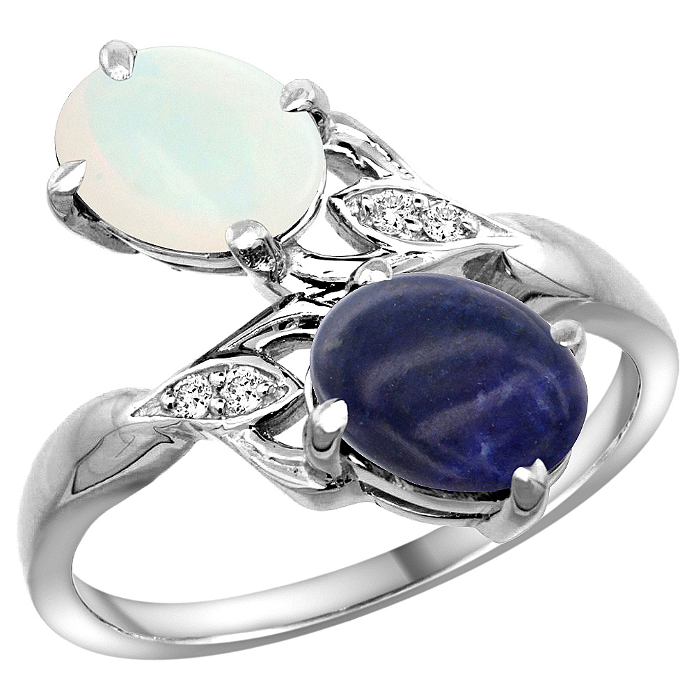 14K WHITE GOLD DIAMOND NATURAL OPAL & LAPIS 2-STONE RING OVAL 8X6MM, SIZES 5 - 10