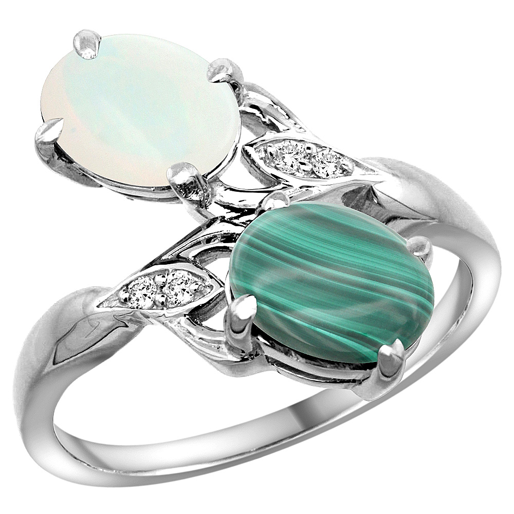 14K WHITE GOLD DIAMOND NATURAL OPAL & MALACHITE 2-STONE RING OVAL 8X6MM, SIZES 5 - 10