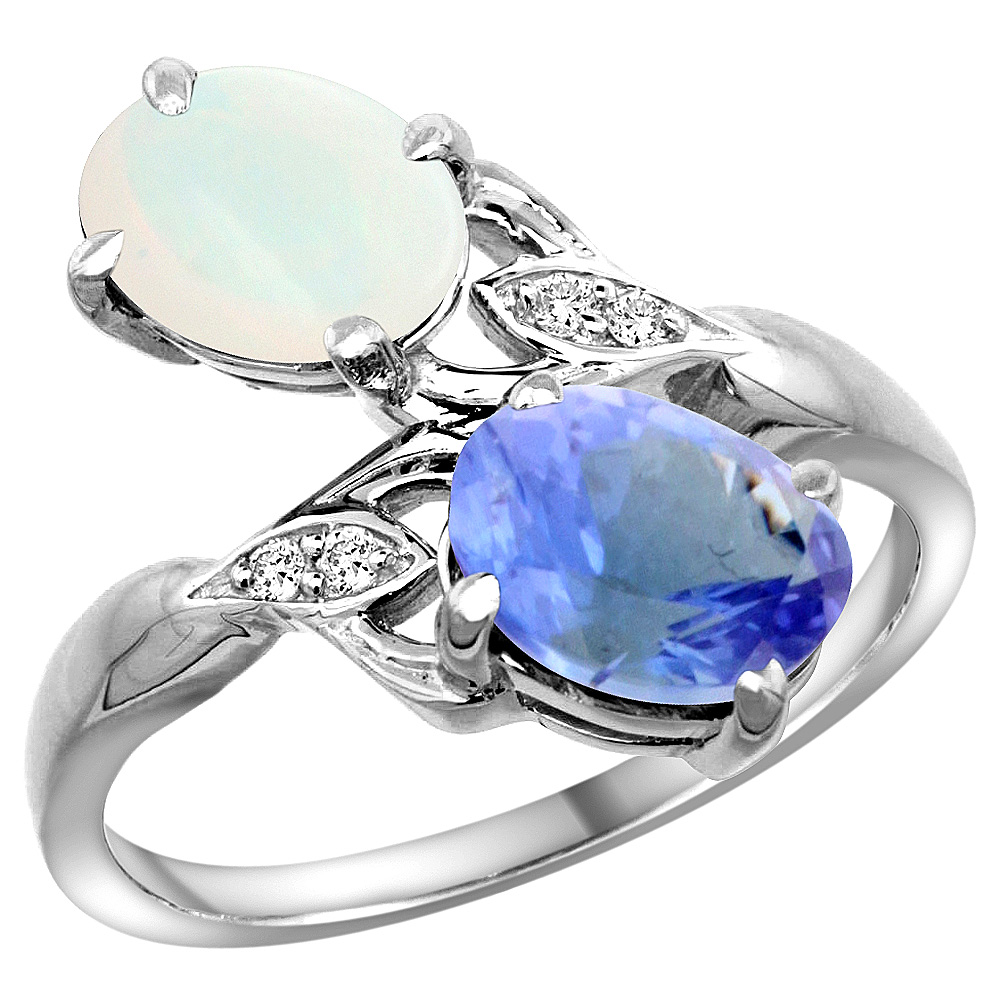 14K WHITE GOLD DIAMOND NATURAL OPAL & TANZANITE 2-STONE RING OVAL 8X6MM, SIZES 5 - 10