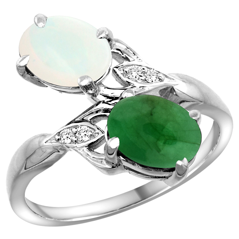 14K WHITE GOLD DIAMOND NATURAL WHITE OPAL & CABOCHON EMERALD 2-STONE RING OVAL 8X6MM, SIZES 5 - 10