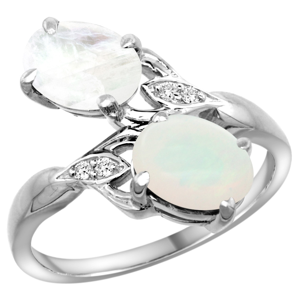 14k White Gold Diamond Natural White Opal &amp; Rainbow Moonstone 2-stone Ring Oval 8x6mm, sizes 5 - 10