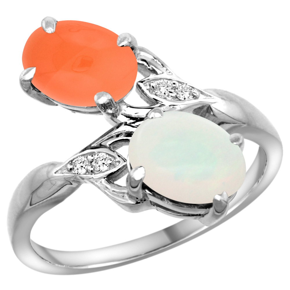 14K WHITE GOLD DIAMOND NATURAL WHITE OPAL & ORANGE MOONSTONE 2-STONE RING OVAL 8X6MM, SIZES 5 - 10