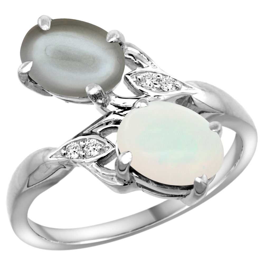 14K WHITE GOLD DIAMOND NATURAL WHITE OPAL & GRAY MOONSTONE 2-STONE RING OVAL 8X6MM, SIZES 5 - 10