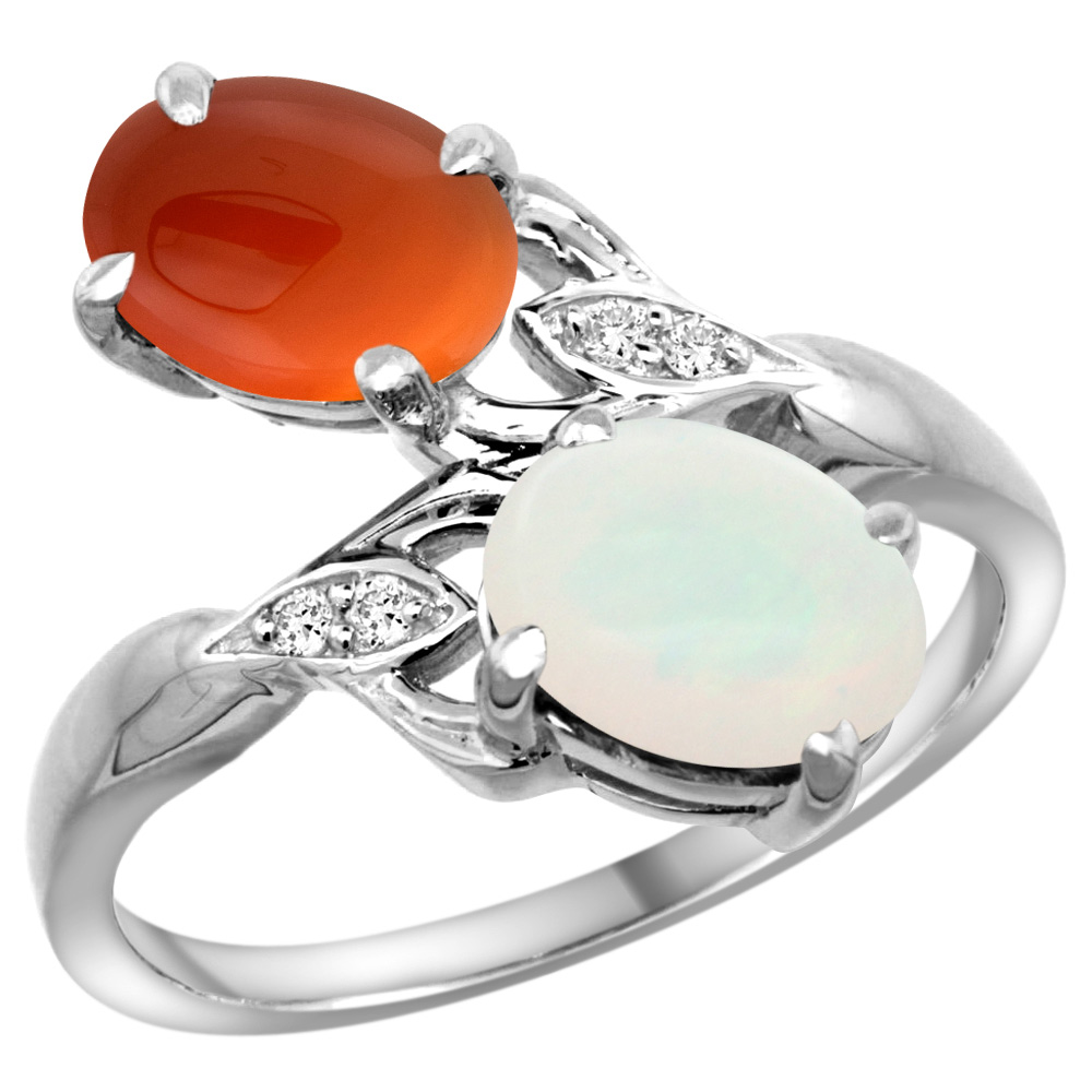 14K WHITE GOLD DIAMOND NATURAL WHITE OPAL & BROWN AGATE 2-STONE RING OVAL 8X6MM, SIZES 5 - 10