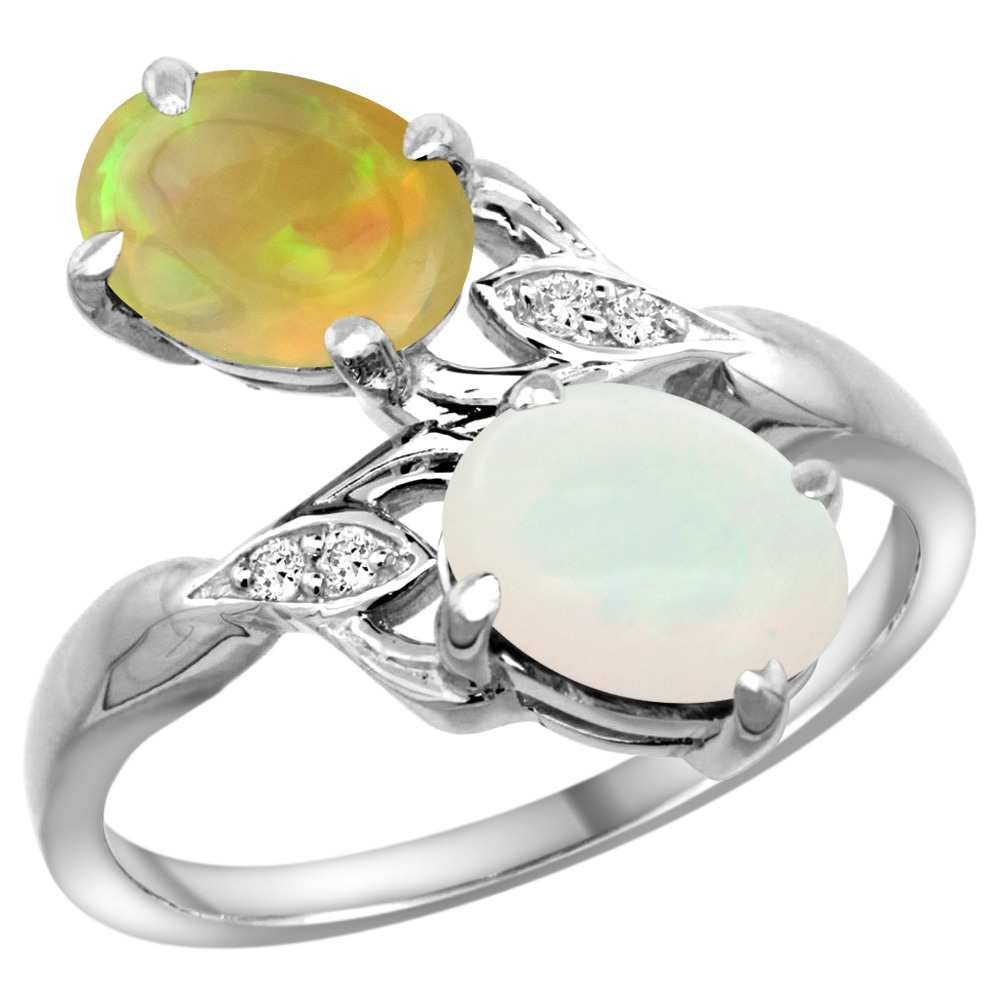 14K WHITE GOLD DIAMOND NATURAL WHITE OPAL & ETHIOPIAN OPAL 2-STONE MOTHERS RING OVAL 8X6MM, SIZE 5 - 10