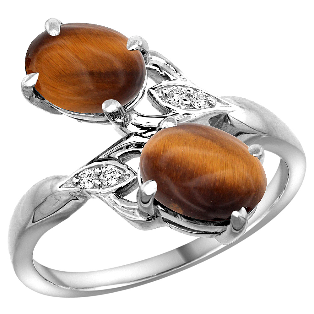 14K WHITE GOLD DIAMOND NATURAL TIGER EYE 2-STONE RING OVAL 8X6MM, SIZES 5 - 10