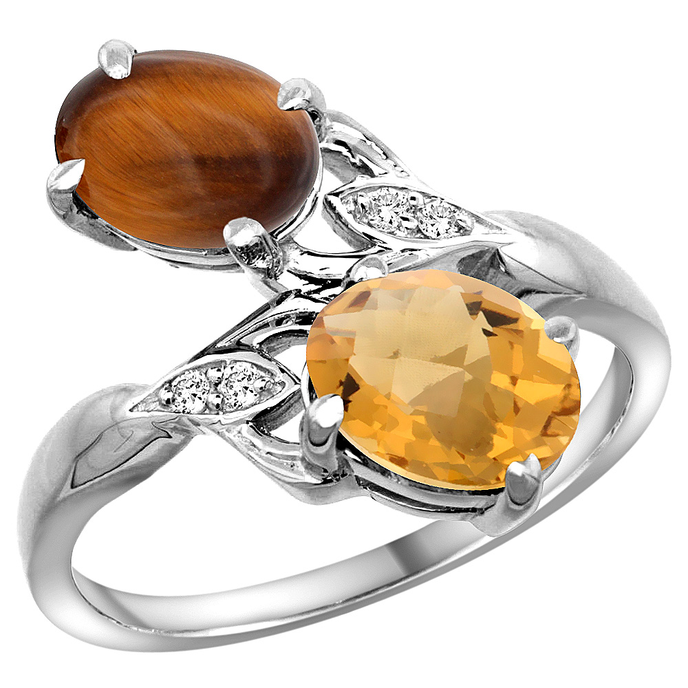 14K WHITE GOLD DIAMOND NATURAL TIGER EYE & WHISKY QUARTZ 2-STONE RING OVAL 8X6MM, SIZES 5 - 10