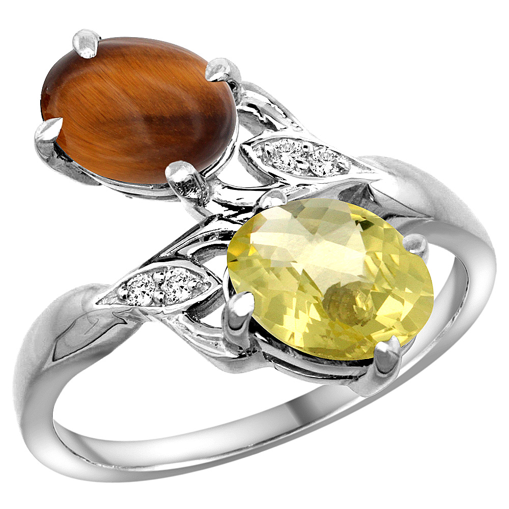 10K White Gold Diamond Natural Tiger Eye & Lemon Quartz 2-stone Ring Oval 8x6mm, sizes 5 - 10