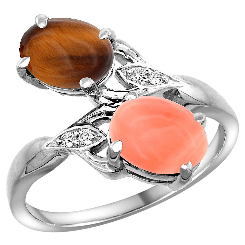 14K WHITE GOLD DIAMOND NATURAL TIGER EYE & CORAL 2-STONE RING OVAL 8X6MM, SIZES 5 - 10