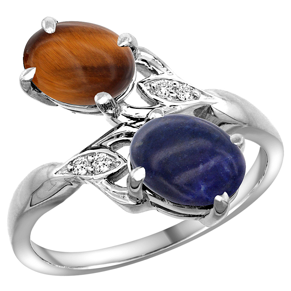 14K WHITE GOLD DIAMOND NATURAL TIGER EYE & LAPIS 2-STONE RING OVAL 8X6MM, SIZES 5 - 10