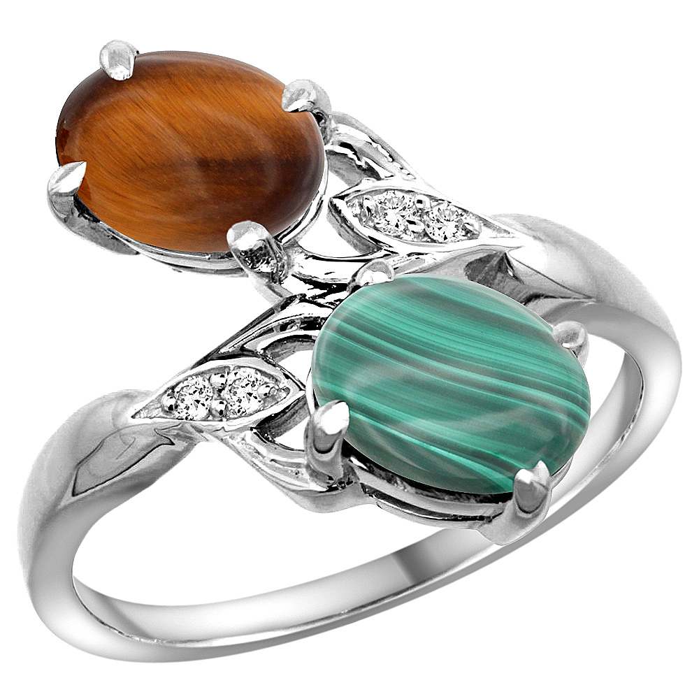 14K WHITE GOLD DIAMOND NATURAL TIGER EYE & MALACHITE 2-STONE RING OVAL 8X6MM, SIZES 5 - 10